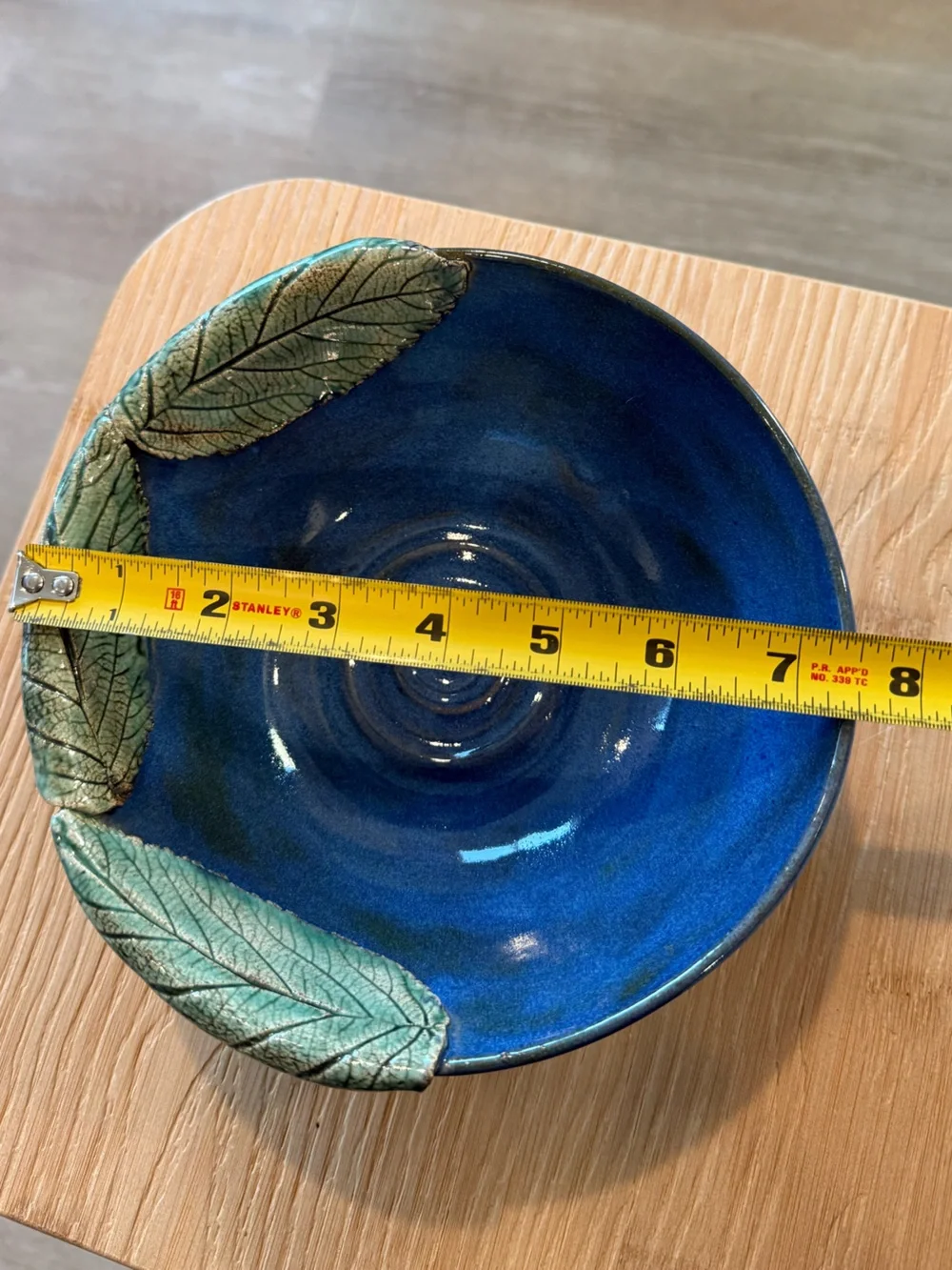 Studio Pottery Bowl Blue Green Leaf Detail Cottagecore Rustic Coastal Handmade